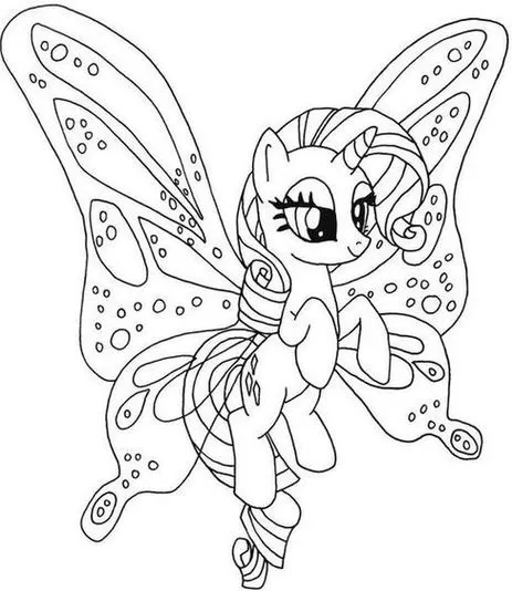 Desenho de unicórnio My Little Pony com asas de borboleta detalhadas para colorir. Rarity pronta para a diversão!