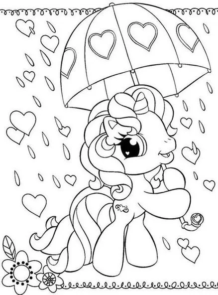 Pônei fofo com guarda-chuva de corações na chuva de amor para colorir. Desenho de unicórnio sorrindo em meio a corações e flores.