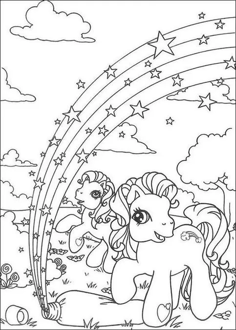 Desenho de pôneis sob arco-íris com estrelas para colorir. Cenário mágico com nuvens, árvores e flores.
