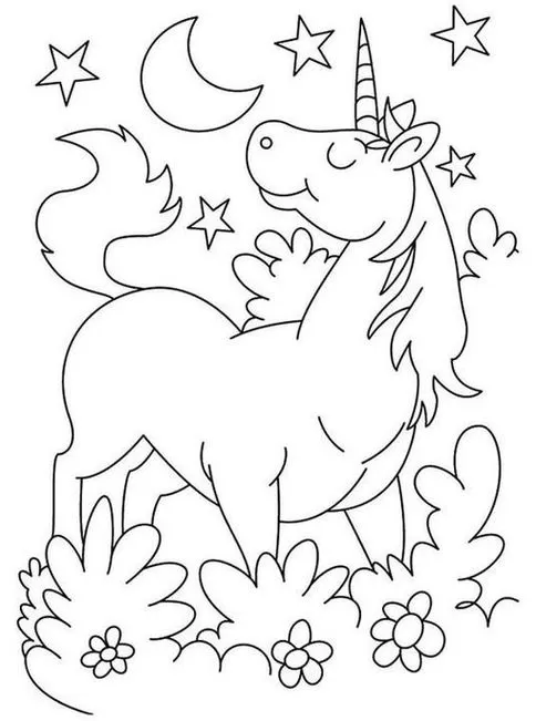 Unicórnio para colorir sob a luz da lua e estrelas. Desenho detalhado de um unicórnio em um cenário noturno com flores, ideal para atividades de coloração.