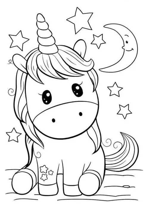Unicórnio bebê sentado para colorir, com lua e estrelas. Desenho mágico de unicórnio fofo com grandes olhos expressivos, pronto para pintar.