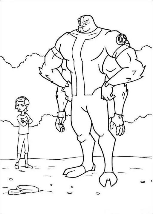Desenho do Bravo (Quatro Braços) de Ben 10 para colorir. Ben Tennyson ao lado, com pedras e nuvens no fundo.