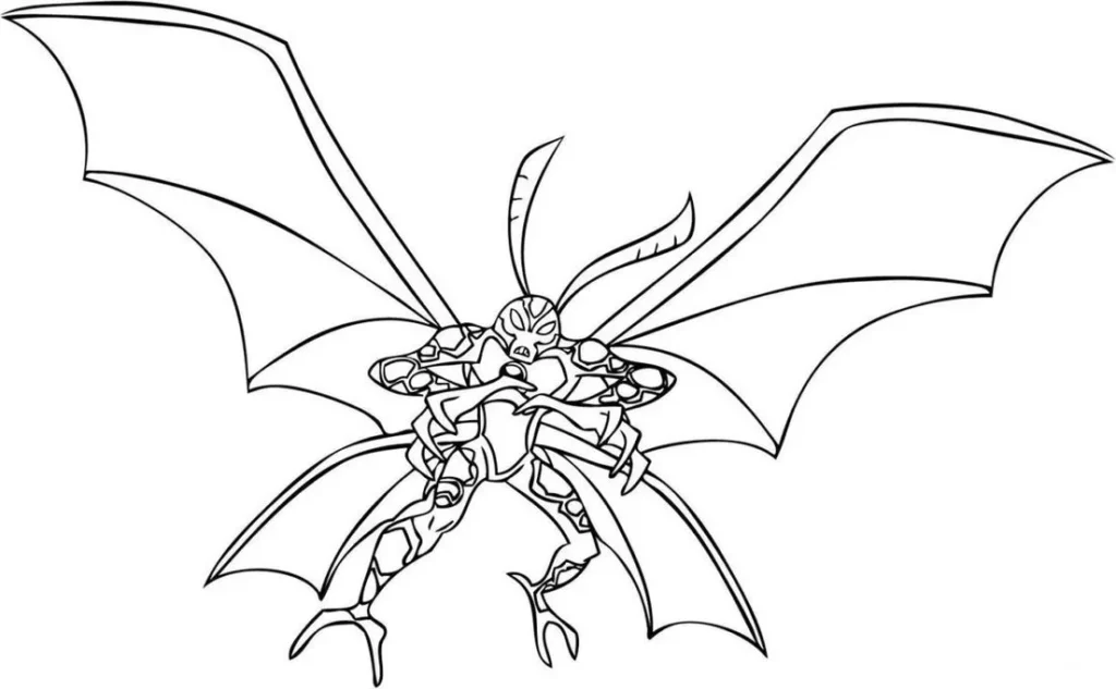 Ben 10 com asas para colorir. Desenho detalhado do personagem em pose dinâmica.