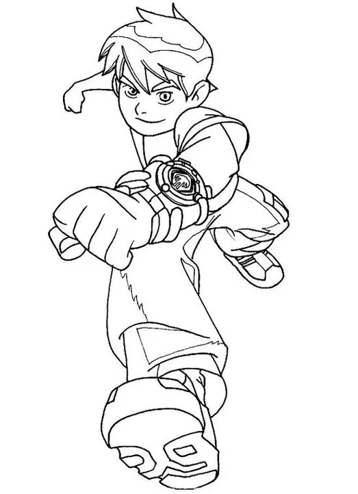 Ben 10 para colorir correndo. Desenho dinâmico de Ben 10 em ação, pronto para imprimir e colorir.