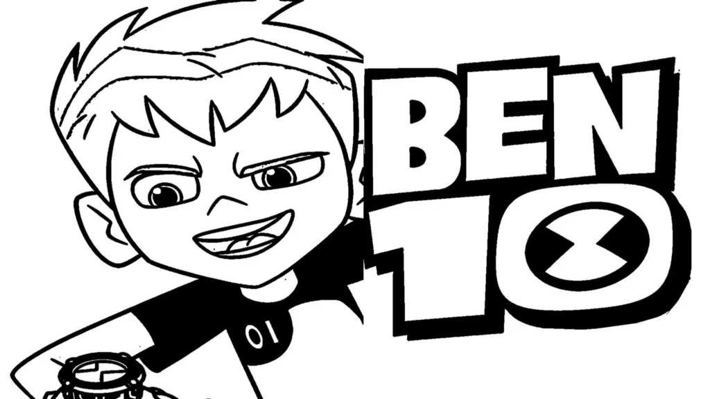 Ben 10 para colorir: Desenho do herói sorrindo e admirando o Omnitrix. Destaque para o relógio e o título 'BEN 10' com o símbolo do Omnitrix.