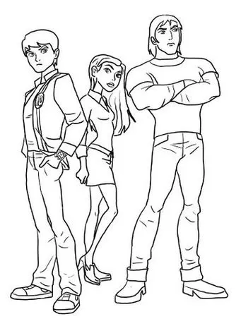Desenhos Ben 10 para colorir: Ben Tennyson, Gwen e Kevin prontos para a diversão! Imprima e pinte seus heróis.