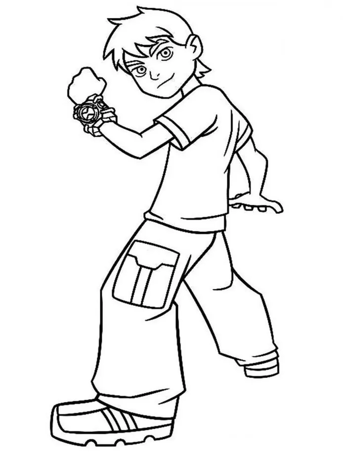 Ben Tennyson pronto para a aventura! Desenho detalhado do herói com o Omnitrix para colorir. Atividade criativa com Ben 10.