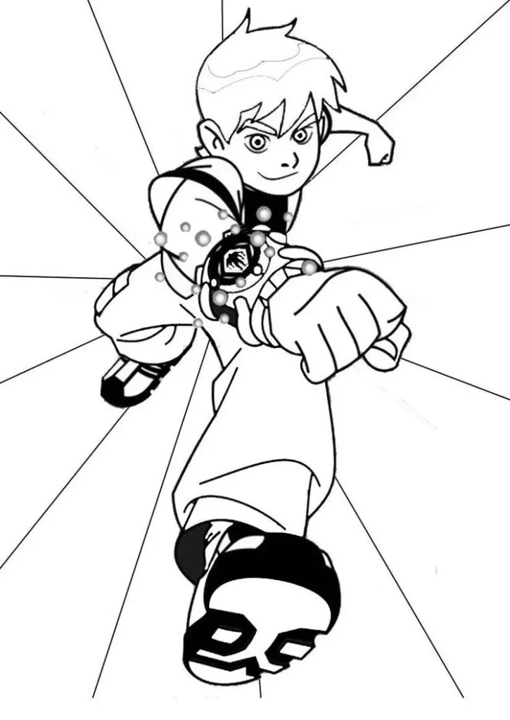 Ben 10 pronto para a ação! Desenho para colorir do herói com o Omnitrix, demonstrando super força e energia.