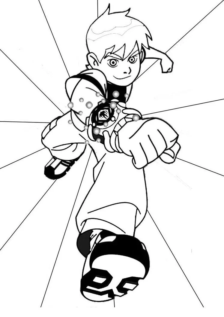 Ben 10 pronto para a ação! Desenho para colorir do herói com o Omnitrix, demonstrando super força e energia.