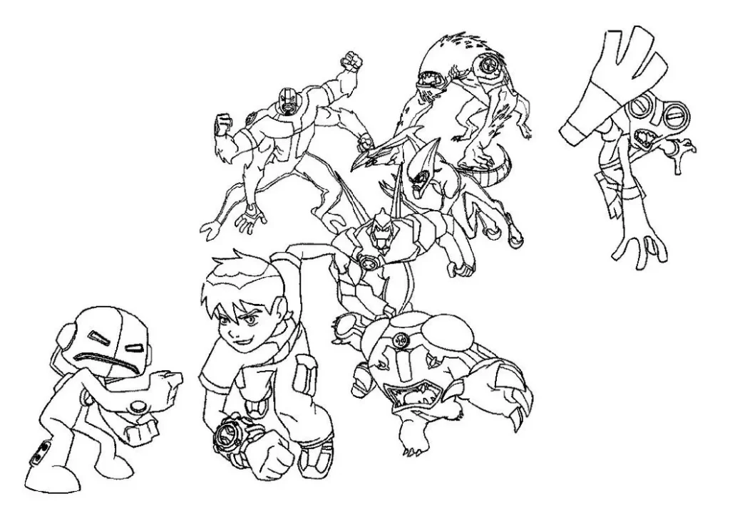 Ben 10 para colorir: Imagens com Ben Tennyson e seus alienígenas Quatro Braços, Insectóide, Cipó Selvagem, Besta, Diamante e Massa Cinzenta.