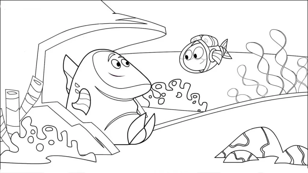Desenho de fundo do mar com tubarão, peixe-balão e algas para colorir. Rochas, bolhas e abrigo de pedra criam um cenário oceânico relaxante.