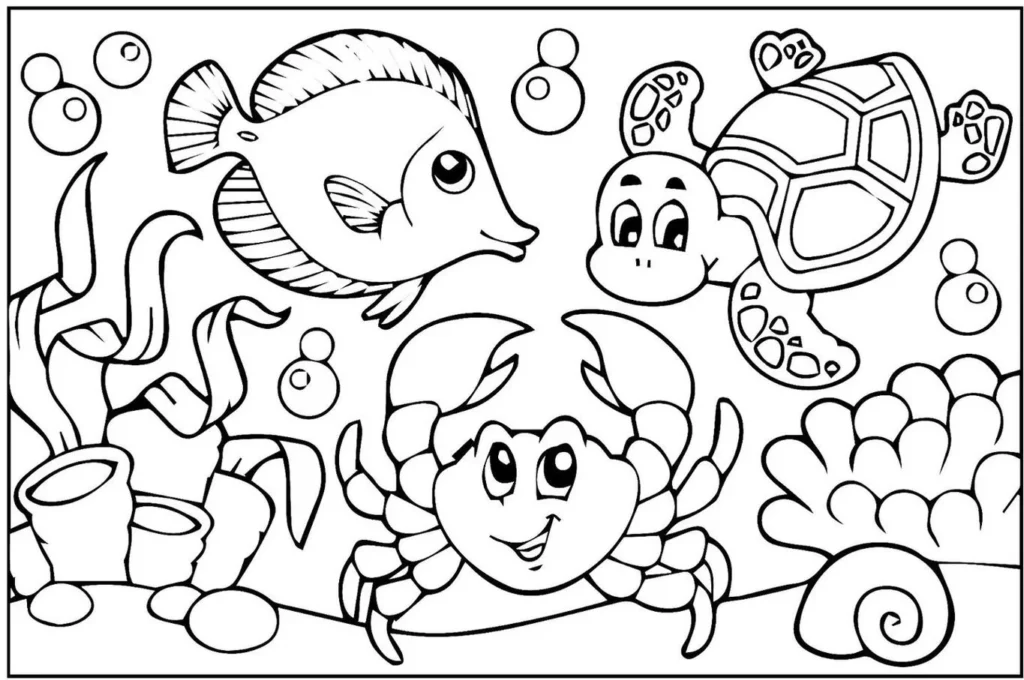 Desenhos marinhos para colorir: peixe sorridente, tartaruga, caranguejo e algas marinhas.