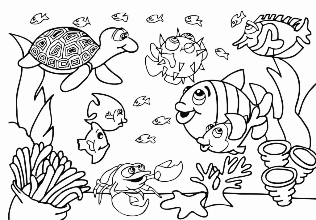 Desenho de animais marinhos para colorir: tartaruga, peixes tropicais, baiacu, caranguejo e corais.