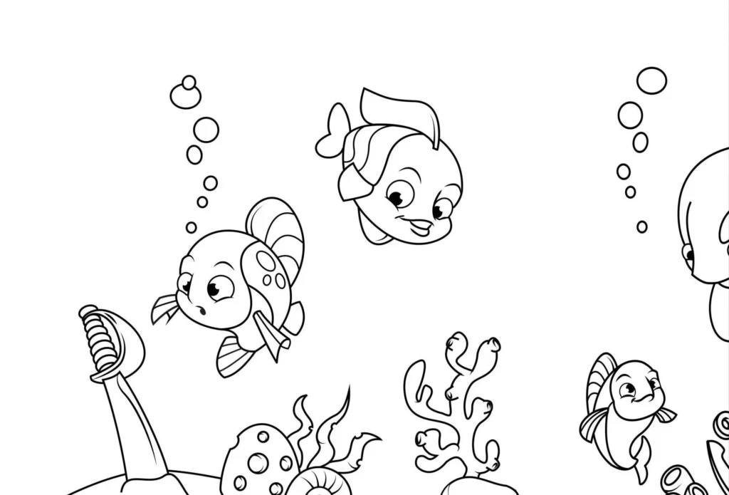 Desenhos de peixinhos no fundo do mar para colorir: peixe listrado, peixe manchado, algas, corais e espada submersa. Atividade marinha para pintura.