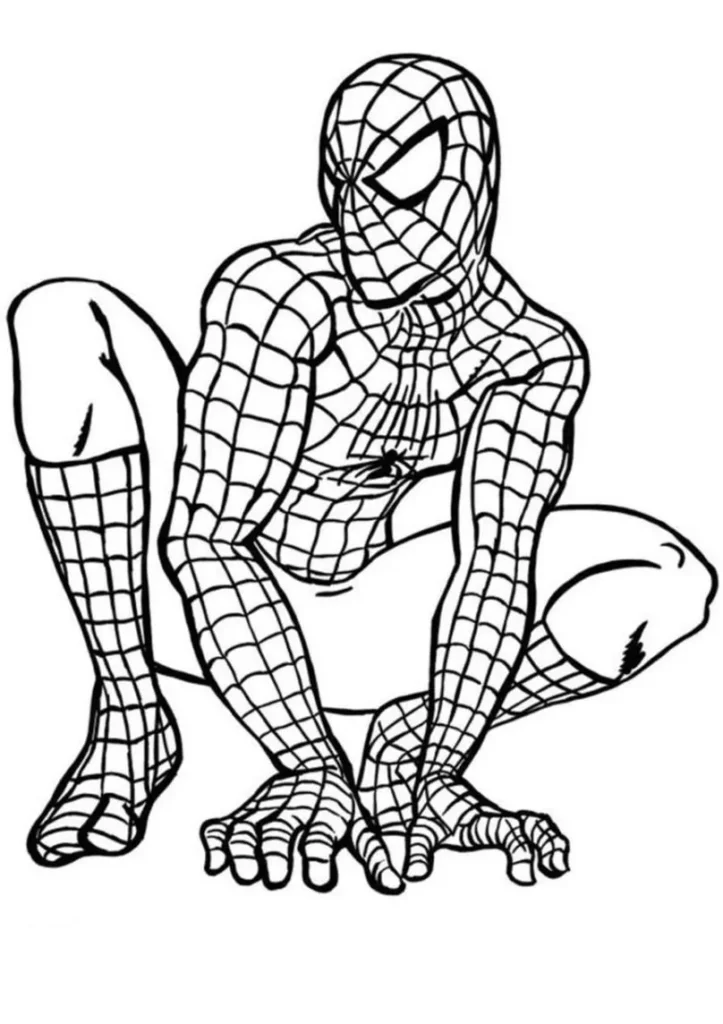 Desenho do Homem-Aranha agachado para colorir: traje detalhado e pose heroica. Atividade criativa com o super-herói.