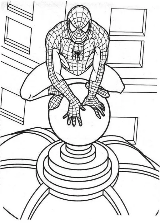 Desenho do Homem-Aranha para colorir: super-herói em pose de ação sobre prédio com globo terrestre. Perfeito para estimular a imaginação e a arte.