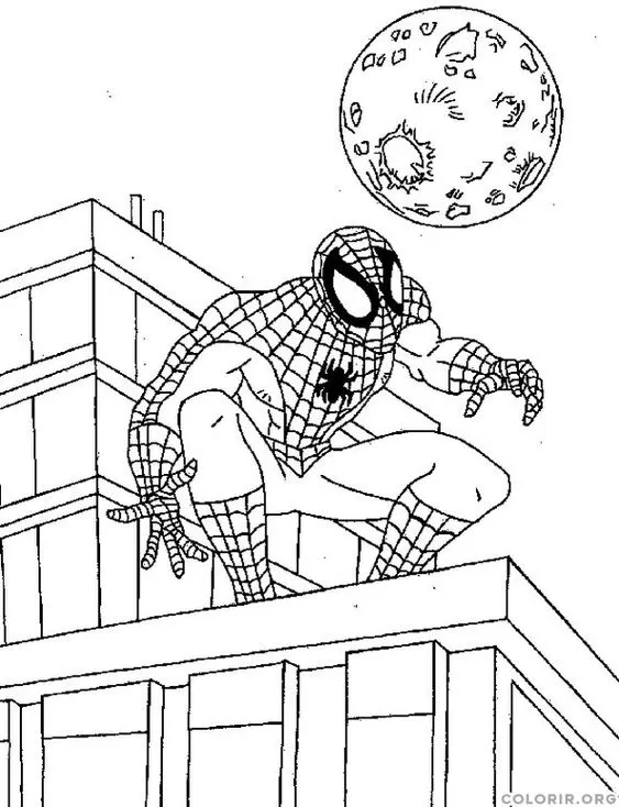 Homem-Aranha no prédio sob a lua: Desenho para colorir com super-herói em cena de ação noturna.