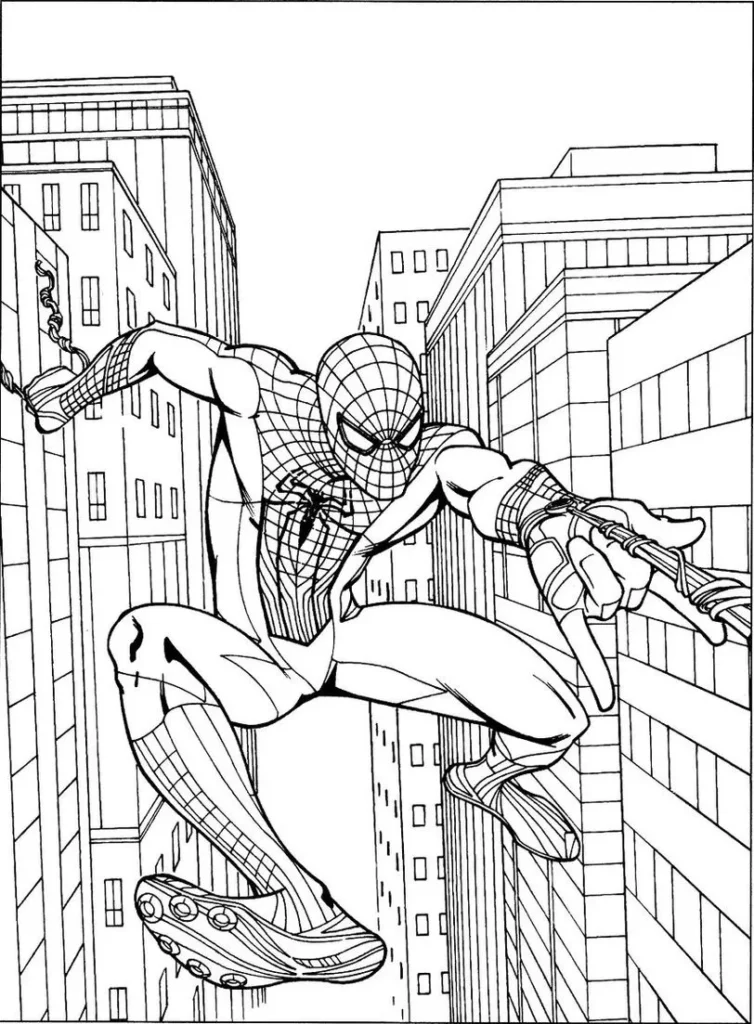 Homem-Aranha em cena de ação urbana, soltando teias entre prédios. Desenho para colorir e atividades criativas.