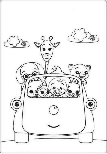 Desenhos do Palhaço Herói para colorir Amigos Desenho do Palhaço Herói e amigos animais para colorir: girafa, cachorro, porco em carro sorridente.