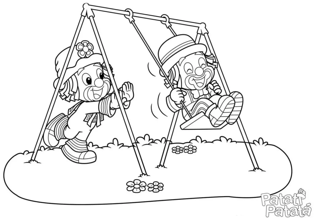 Patati Patatá se divertindo no balanço: desenho para colorir e estimular a imaginação das crianças.