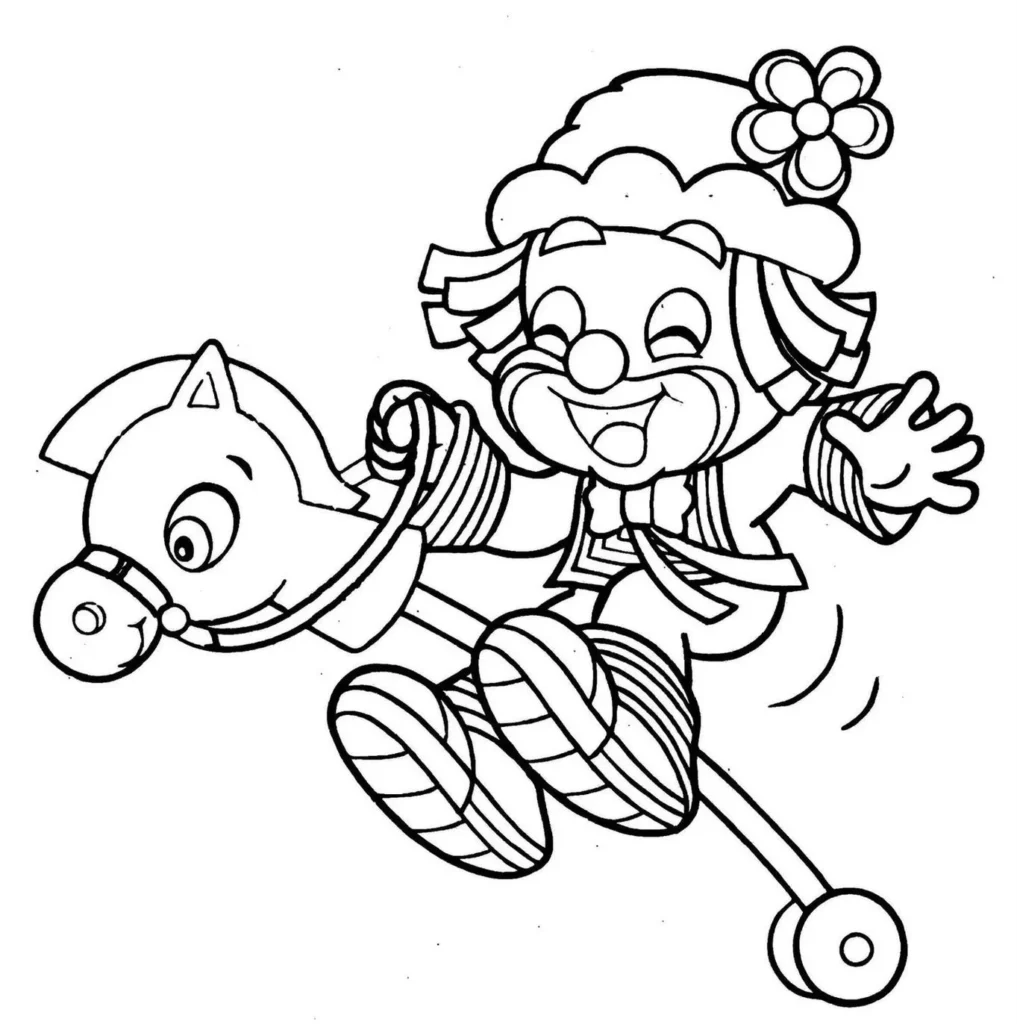 Patati Patatá e Cavalinho: Desenho para colorir e despertar a imaginação. Atividade lúdica com os palhaços e o brinquedo.