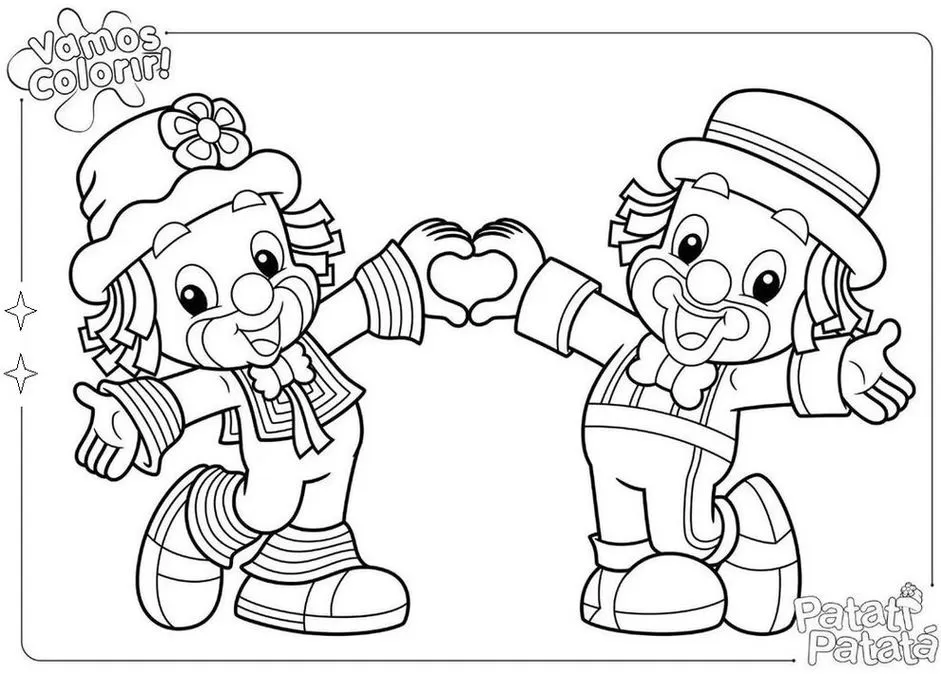 Patati Patatá colorindo o amor: Desenho adorável com os palhaços formando um coração para atividades artísticas e diversão.