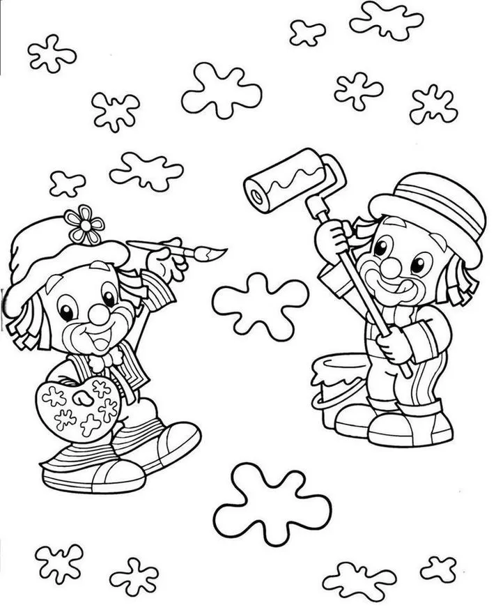 Patati Patatá: Desenhos divertidos para colorir e estimular a criatividade. Palhaços pintando e sorrindo.