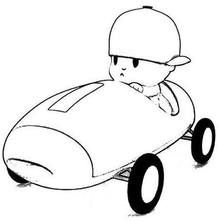 Pocoyo pilotando carro de corrida: atividade de colorir para crianças desenvolverem a imaginação e habilidades artísticas.