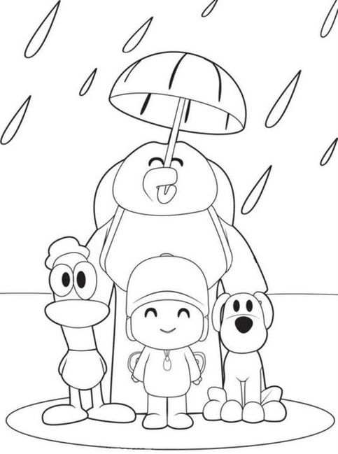Pocoyo e amigos sob a chuva: desenho para colorir que estimula a criatividade. Atividade lúdica com Pocoyo, Pato, Elly e Loula em dia chuvoso.
