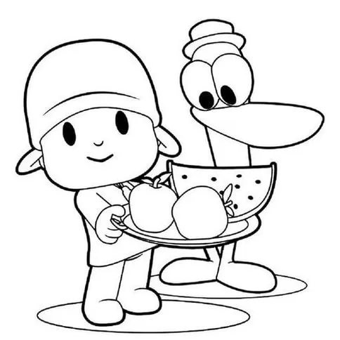 Pocoyo e Pato desfrutando de frutas: desenho para colorir com maçãs e melancia. Atividade divertida para crianças!