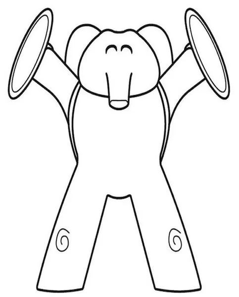 Ely do Pocoyo musical para colorir: atividade criativa para crianças. Desenho da Ely com pratos, ideal para pintar.