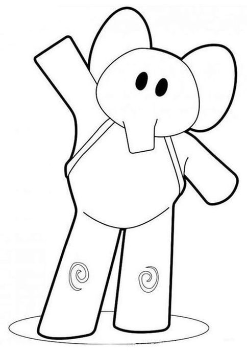 Ely, elefante do Pocoyo para colorir: Desenho divertido com macacão e espirais.