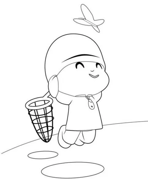 Pocoyo sorrindo, caçando borboletas com rede. Desenho para dar cor e vida.