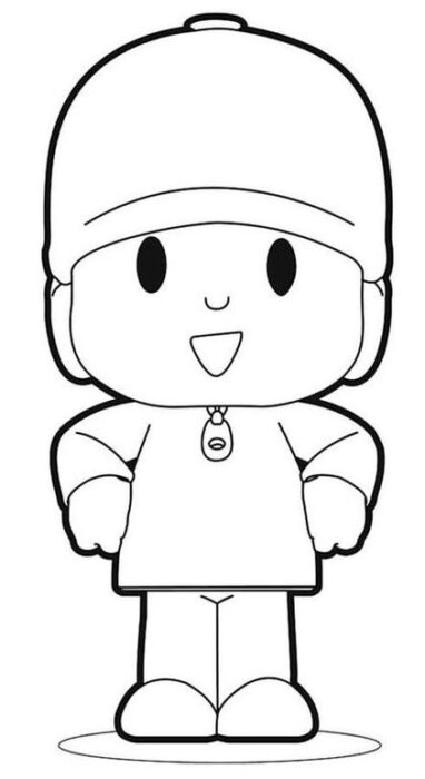 Pocoyo para colorir: desenho do Pequeno Eu com chapéu, rosto sorridente, camiseta e calças. Ideal para pintar.