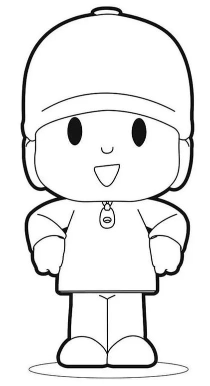 Pocoyo para colorir: desenho do Pequeno Eu com chapéu, rosto sorridente, camiseta e calças. Ideal para pintar.