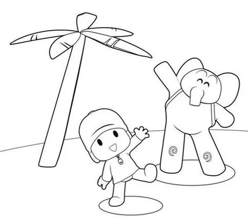Pocoyo e amigos na praia: desenho para colorir. Imagem com Pocoyo, elefante e palmeira em cena ensolarada e divertida.