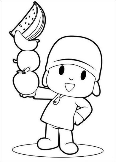 Pocoyo sorrindo com frutas para pintar: melancia, banana, laranja e maçã. Desenho do Pocoyo com chapéu para atividade artística.