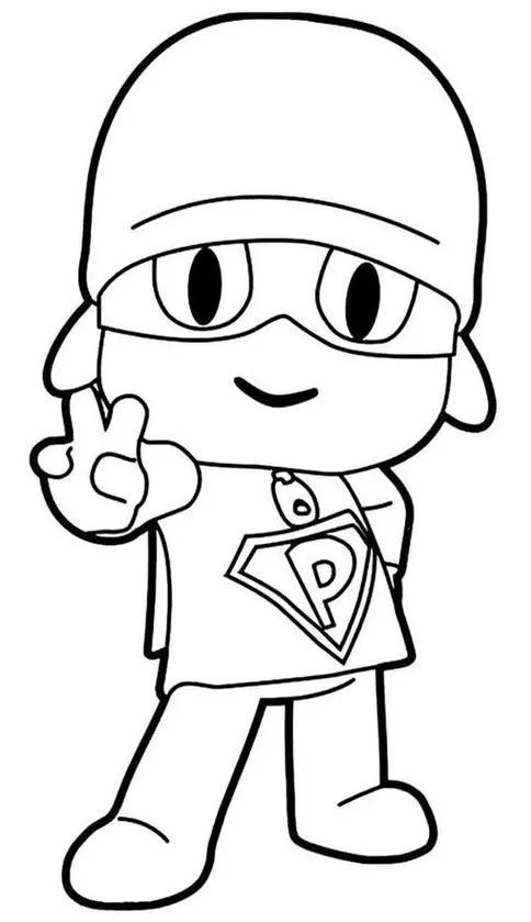 Pocoyo Super Herói para colorir: desenho detalhado do chapéu, máscara e símbolo 'P' na camiseta. Imagem do personagem fazendo gesto de paz.