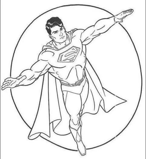 Super Homem em voo para colorir: Desenho do herói no círculo com capa e uniforme.