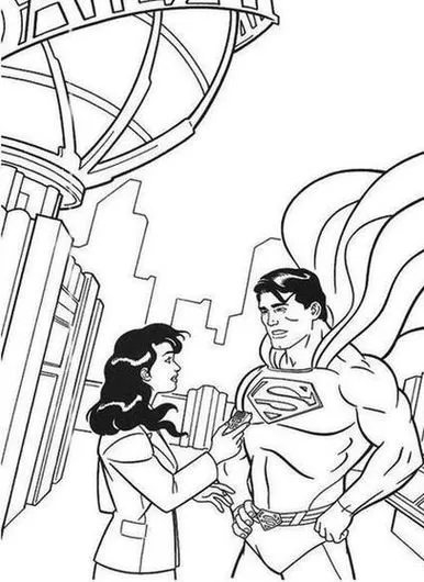 Super Homem e Lois Lane em desenho para colorir em frente ao Planeta Diário. Detalhes do herói em destaque.