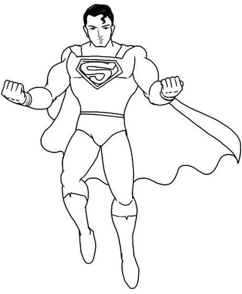 Super Homem para colorir: Desenho do herói musculoso com símbolo 'S', capa e punhos cerrados para atividades criativas.