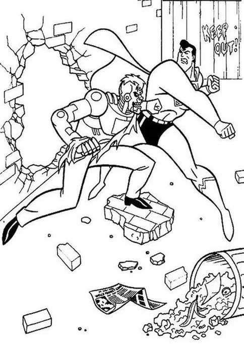 Super Homem em combate: desenho para colorir do herói socando vilão cibernético em cenário urbano caótico.
