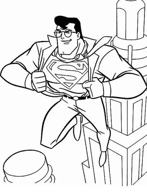Super Homem para colorir: desenho do herói em voo revelando o símbolo no peito. Atividade criativa com o Super-Homem.