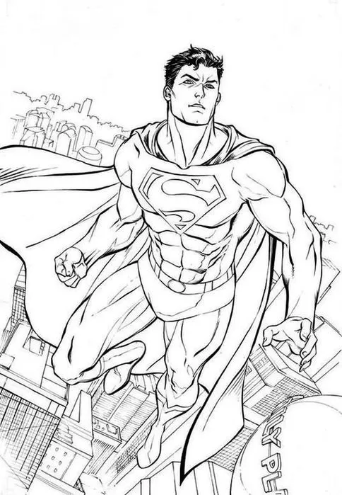 Super-Homem voa sobre a metrópole em desenho para colorir. Herói em ação com capa ao vento e logo icônico em destaque.