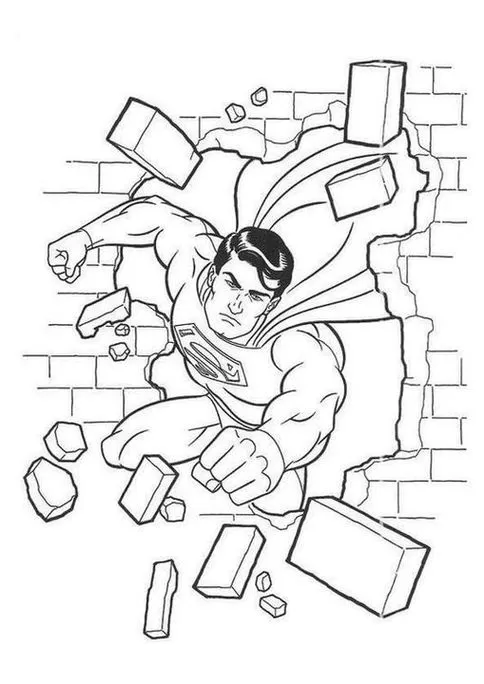 Super-Homem quebrando parede: Desenho para colorir do herói em ação, demonstrando sua superforça. Atividade criativa com o Homem de Aço.