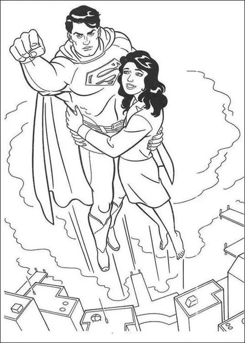 Super Homem voando sobre a cidade com mulher nos braços, imagem para colorir. Superman em ação heroica em ambiente urbano.