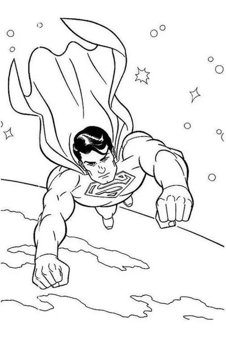 Super Homem para colorir: Herói voa sobre a Terra em desenho detalhado. Imagem com o símbolo icônico e capa ao vento, perfeito para atividades criativas.