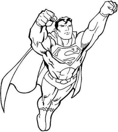 Super Homem voando para colorir: desenho detalhado do herói em ação, com o 'S' no peito e capa ao vento. Ideal para atividades de pintura e criatividade.
