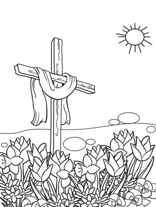 Cruz florida em campo ensolarado: desenho da crucificação para colorir.
