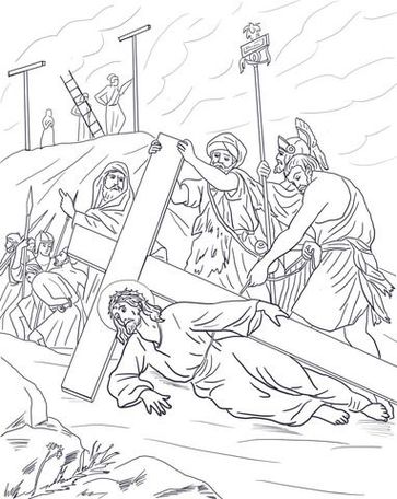 Jesus carregando a cruz para a crucificação no Calvário. Desenho para colorir da Paixão de Cristo.